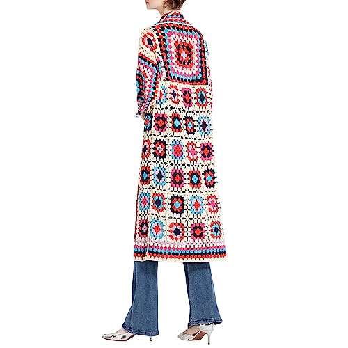 Womens Vintage Crochet Granny Square Cardigan Jumper Long Sleeve Button Down Floral Knitted Sweater Knitwear Cardigan