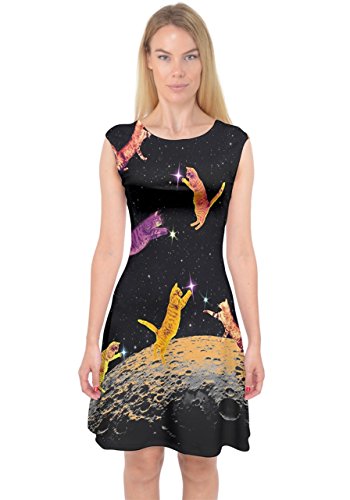 PattyCandy Womens Black Kitty Cats in Space Capsleeve Midi Dress, Black - M PattyCandy Womens Black Kitty Cats in Space Capsleeve Midi Dress, Black - M