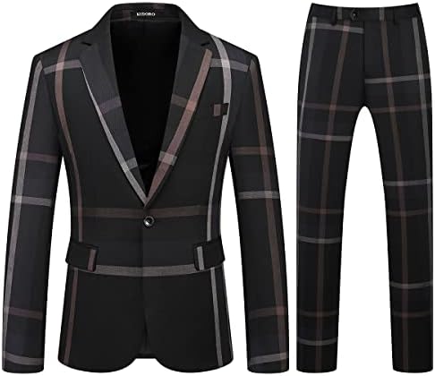 Mens Plaid Suits Slim Fit 2 Piece Tuxedo Suit Jacket Formal Check Suit Set for Men Casual Wedding Business Black-Navy
