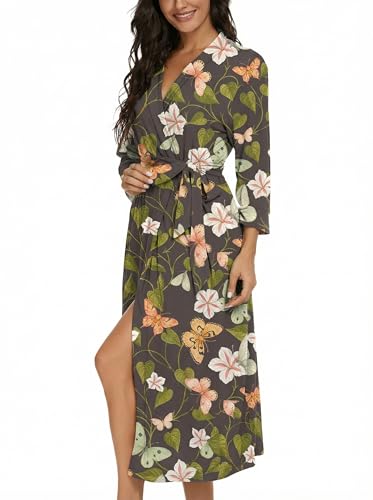 Image of VINTATRE Robes for Women Long Knit Bathrobe XS-4XL | 3 /4 Sleeve Bathrobes with Pockets, Stretchy and Lightweight Fabric, Inner Tie and Fixed Outer Matching Belt, Mid Calf Length