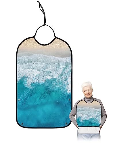 Abstract Ocean Adult Bib for Eating with Crumb Catcher,Washable & Waterproof Terry Cloth Adjustable Elderly Women Men Adult Bibs Funny Apron Clothing Protector Summer Coastal Beach Gradient Waves