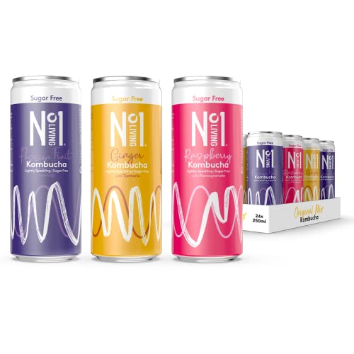 No.1 Living Kombucha Drink – The Original Mix – 24 x 250ml Cans – Ginger, Raspberry, Passion Fruit - Sugar Free, Great Tasting Kombucha with Live Cultures – Lightly Sparkling, 100% Natural, Vegan