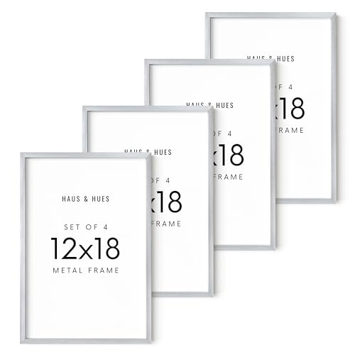 HAUS AND HUES 12x18 Silver Metal Picture Frames - Premium Aluminum with Vertical & Horizontal Hanging, Shatterproof Plexiglass - Perfect for Home or Office (12x18 in, Silver, Set of 4)