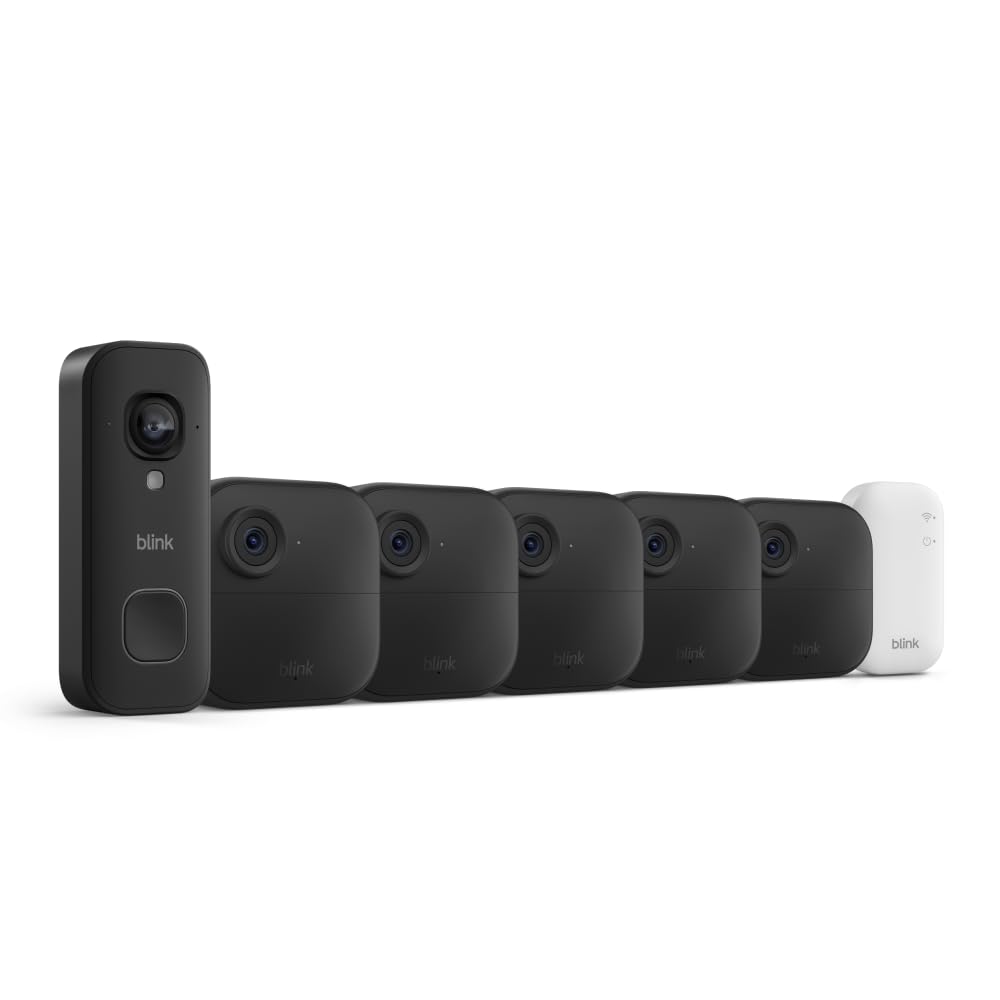 Blink Outdoor 4 and Wired Doorbell 2K+ (newest model) — Two-year battery 1080p cameras and 2K hardwired doorbell. Sync Module Core included — 5 Cameras + Doorbell (Black)