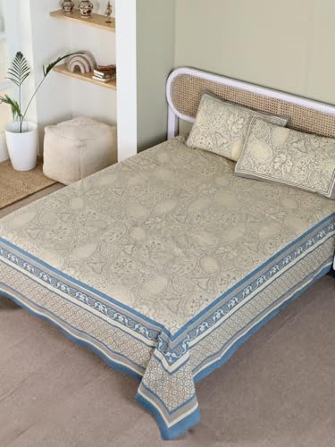 Image of Peepul Tree 100% Pure Cotton Jaipuri Handprinted Double Bedsheet Queen Size - 90 X 108 Inches with 2 Pillow Cover | 210 TC Breathable Fabric | Chintz Collection | Made in India, Beige and Navy