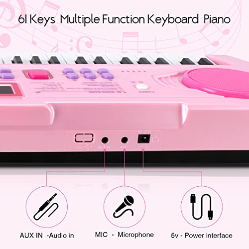Wostoo Kids Keyboard Piano, Portable 61 Keys Keyboard Electronic Digital Piano, Early Learning Educational Musical Piano Toy Keyboard Gift For Beginners With Music Stand, Microphone (Pink) #TOP2