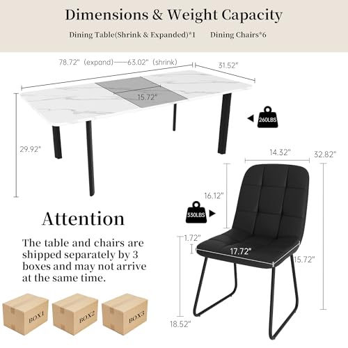HIPIHOM Extendable Dining Table Set for 6-8 People, 63 to 78.7 Inch MDF Kitchen Table with 6 Upholstered Chairs, Space-Saving for Dining Room, Breakfast Nook (White Table & 6 Black U-Shaped Chairs)