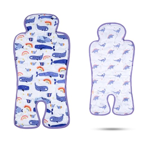 LAT Colchoneta Verano Silla Paseo, Reversible Funda Carro Bebe Universal con Almohadilla Refrigerante de Gel, Cojín Reductor Silla Paseo para Cochecito y Asiento (Ballena+Dinosaurio)
