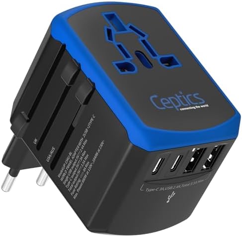 Ceptics 5 in 1 Universal Travel Adapter, 2 USB-A + 2 USB-C, 4 Plu...