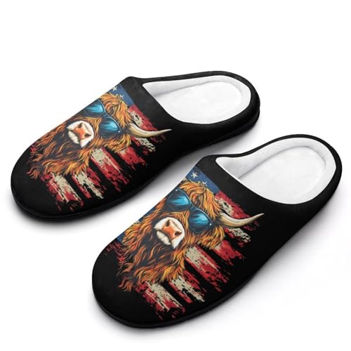 Highland Cow Wearing Glasses U.S. Flag Women's Cotton Slippers Indoor Outdoor Slip-on Warm House Shoes with Anti-Skid Rubber Sole