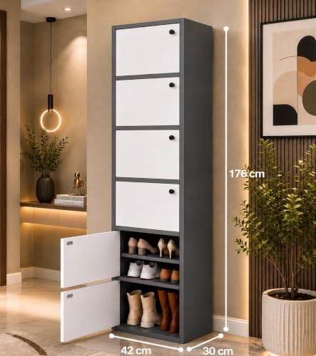 Image of EXVITO Modern Tall Shoe Cabinet, Wooden Flip Door Shoe Storage Cabinet, 4-Door Narrow Entryway Shoe Organizer with Multi-Tier Shelves, Space Saving Shoe Rack for Hallway, (Black-White, 6 Door)