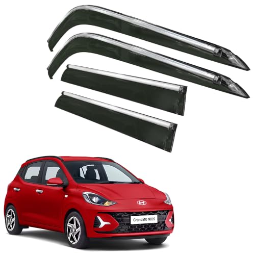 Image of CAR SAAZ Side Door Visors for Grand I10 NIOS (2023-Present) (Set of 4Pcs)|Chrome Lined Rain Guards, Polycarbonate, Smoke Finish