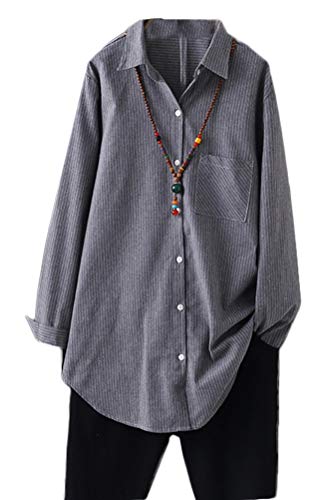 Minibee Women's Cotton Casual Shirts Vertical Stripes Tops Linen Blouse Button Down Tunic Clothing for Women L Gray