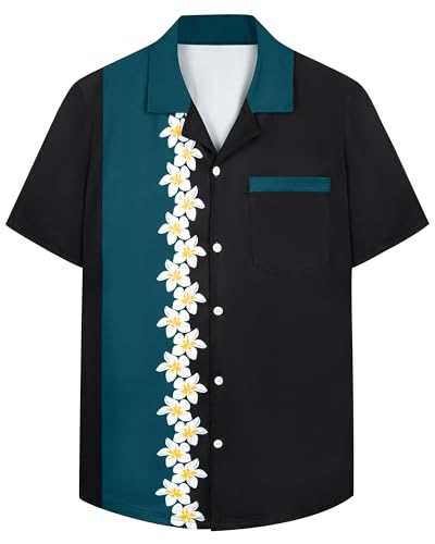 SEAOYOZO Mens Bowling Shirts 50s Button Up Short Sleeve Hawaiian Shirts Summer Beach Holiday Casual Camp Aloha Shirt Black Flowers
