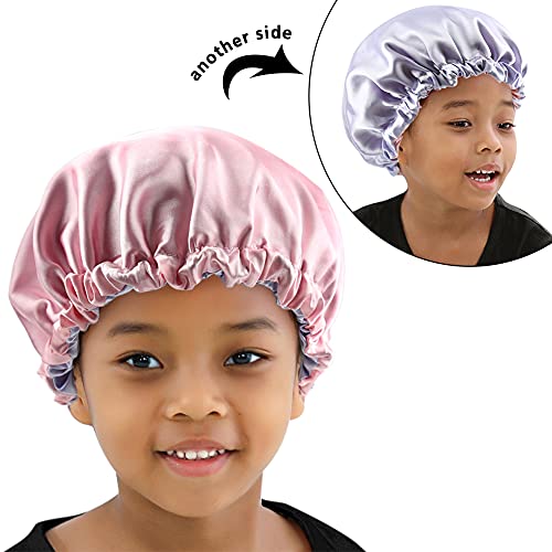 Elihair Kids Satin Bonnet Sleeping Cap For Natural Hair Teens Toddler Child Baby Adjustable Satin Cap For Night Sleeping Reversible Double Layer Pink/Purple #TOP3