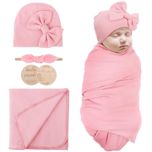 Image of AQOKKA Newborn Baby Receiving Blankets Girl with Bow Hat Headband Wooden Birth Card Set Baby Swaddles for Newborns Toddler Gift