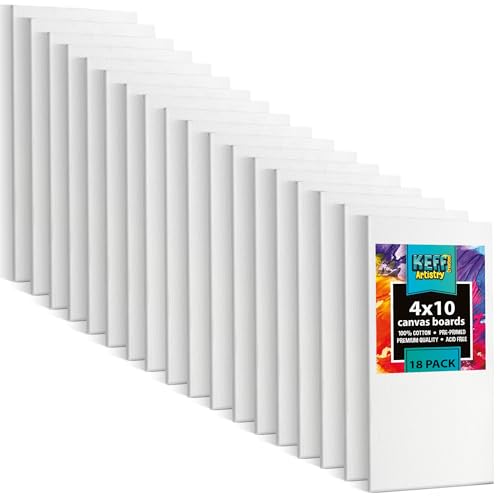 KEFF Canvas Boards for Painting - 4x10 18-Pack Bulk Canvas Panels, 100% Cotton Triple Primed Small Canvases for Painting Supplies, Acrylic, Oil, Watercolor & Tempera