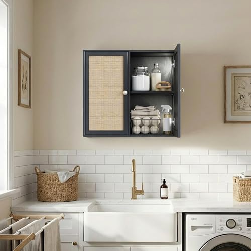 Image of Laundry Room Cabinets 24INCH Bathroom Cabinets Wall Mounted with Adjustable Shelves, Rattan Wall Cabinet for Bedroom, Kitchen, Bathroom, Black