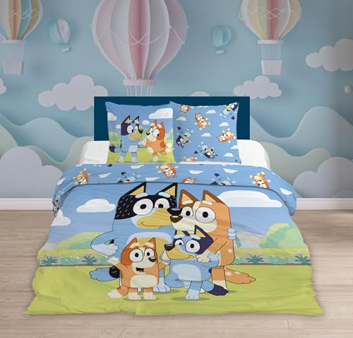 Bluey Double Bedding Set, Reversible Duvet Cover 200 x 200 cm + 2 Pillowcases 65 x 65 cm, Polycotton