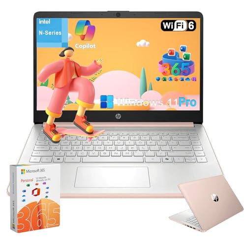 HP 2025 Student Laptop Computer - w/1 Year Office 365, 16GB RAM, 128GB UFS & 1TB Cloud, Intel 4-Core Processor, HD Display, Windows 11 Pro(Rosegold)