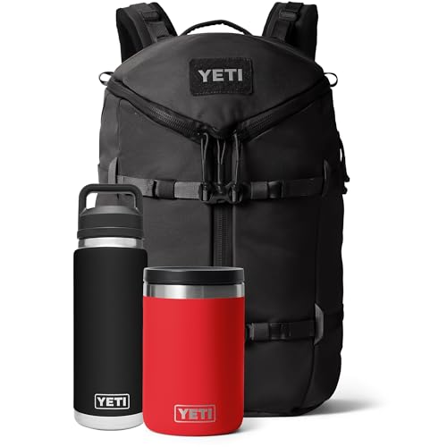 YETI Rambler 26 oz Black Chug Cap Bottle and 16 oz Rescue Red Food Jar, Leakproof, Vacuum Insulated Ranchero 27L Backpack, All-Day Utility Pack, Black