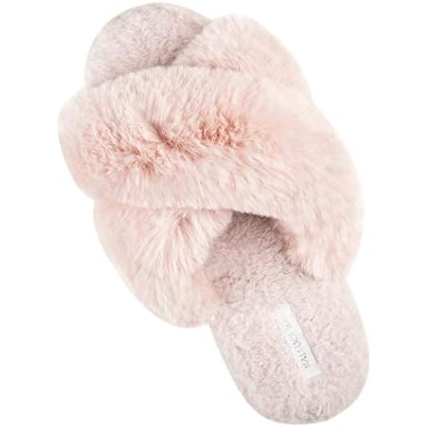 HALLUCI Women's Cross Band Soft Plush Fleece House Indoor or Outdoor Slippers, Pink, M Cover