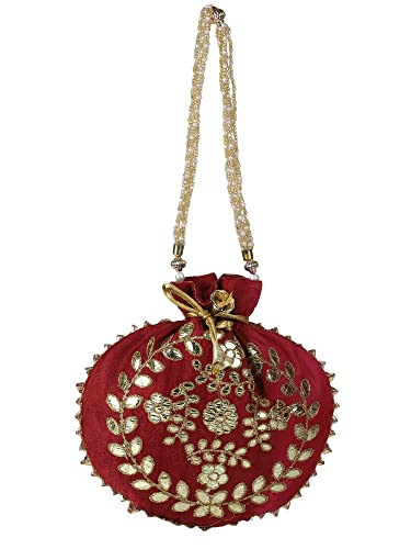 Aditi Wasan Silk Potli Bag, Golden and Silver Zari Embroidered