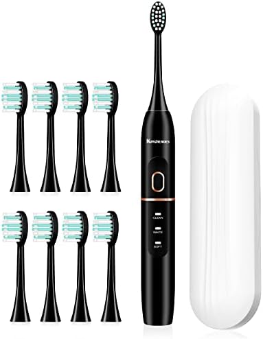 kingheroes Sonic Electric Toothbrush with 8 Brush Heads & Travel Case，4 Modes, One Charge for 60 Days, 42000 VPM Motor，Black Electric Toothbrush Set