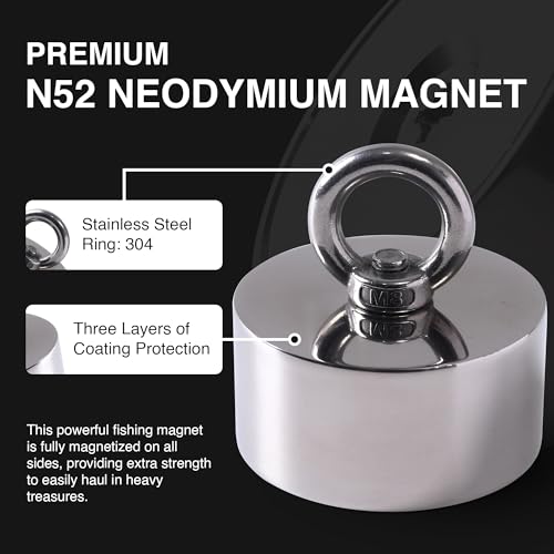 2000lb Strong 360 Degree Fishing Magnet for Magnetic Fishing, Strong Heavy Duty Neodymium N52 Magnets for Salvage Treasure Hunting in Rivers, Oceans and Lakes