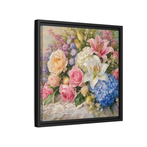 Tableau Vintage Peinture Fleurs Cadre Noir Toile Imprimée Carrée