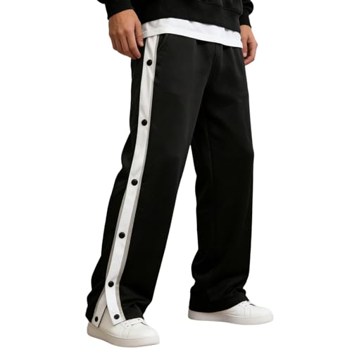 Image of Men's Jogging Bottoms with Side Press Studs Sports Clothing Rehabilitation Pants Lightweight and Breathable Solid Color Casual Loose Tracksuit Bottoms, Black, L