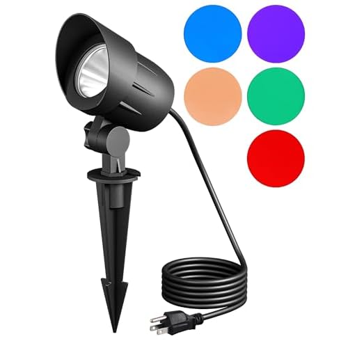 EDISHINE 120V Spotlight Outdoor, Plug in Outdoor LED Spot Light with 5 Lenses, 10W 900LM 5000K, One-Piece Die-cast Aluminum, IP65 Landscape Lighting for Holiday Yard Flag Tree