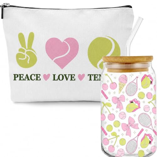 TheClover Tennis Gifts for Women, 16 oz Glass Cup and Makeup Bag Set