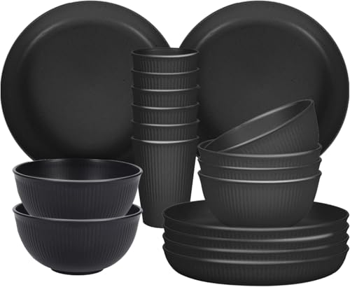Sagiterra Camping Teller Picknick Geschirr Sets 6 personen Camping Zubehör aus Kunststoff für Party Zuhause Picknick leichtes mikrowellen- und spülmaschinenfestes (18 Black)