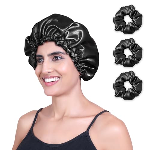 Image of GLUN Hair Bonnet Cap with 3 Satin Scrunchies Black Colour Combo, Soft Satin Cloth Bonnet Cap Prevents Hair Breakage, Sleep Cap for Frizz Control & Moisture Retention, Ideal for Curly & Natural Hair