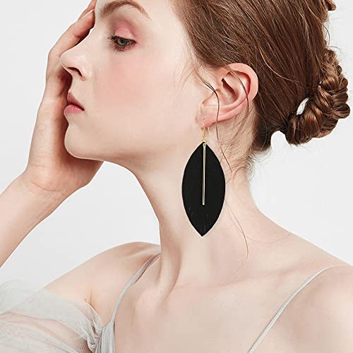 Gbahfy Feather Leather Layered Fringe Earrings For Women Boho Genuine Leather Leaf Tassel Dangle Statement Earrings Bohemian Hypoallergenic Lightweight Drop Earring With Metal Bar Nickel Free (Black) #TOP1