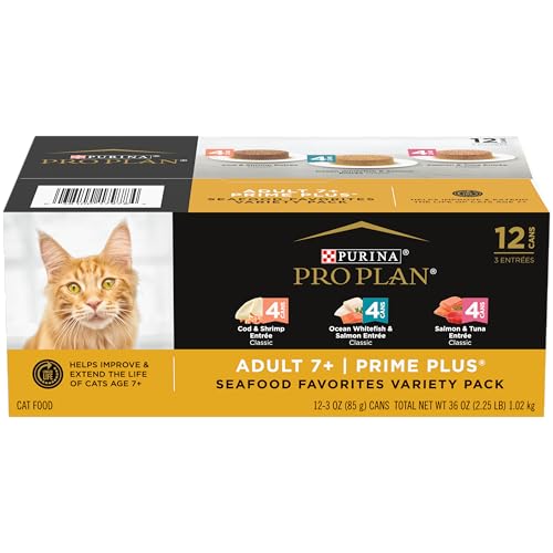 Purina Pro Plan Grain Free Senior Wet Cat Food Variety Pack Pate, SENIOR Seafood Favorites - (2 Packs of 12) 3 oz. Cans
