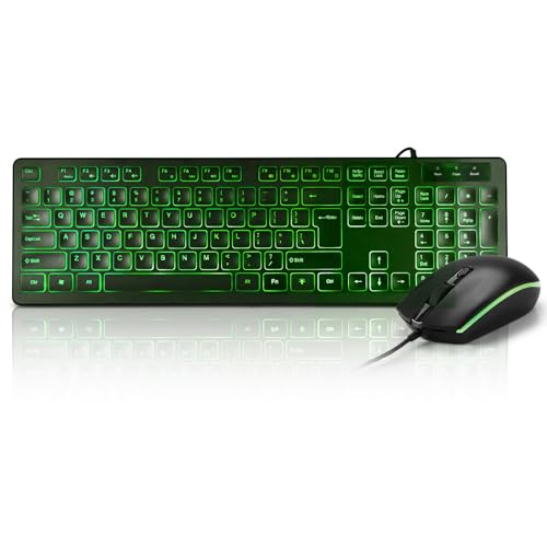Wired Green LED Backlit Keyboard and Mouse Combo,USB Lighted Computer Keyboards,Quiet Input Keyboard and Mouse for PC, Windows, Laptop,Office and Game