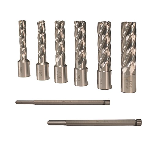 Image of Steel Dragon Tools High Speed Steel Annular Cutter 7 PC Kit - 7/16in. to 3/4in. - with 2in. Cut Depth 3/4in. Weldon Shank and Pilot Pins