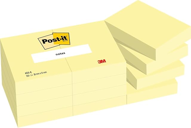 Post-it Notes Canary Yellow, Pack of 12 Pads, 100 Sheets per Pad, 51 mm x 38 mm, Yellow Color - Self-stick Notes For Note Taking, To Do Lists & Reminders