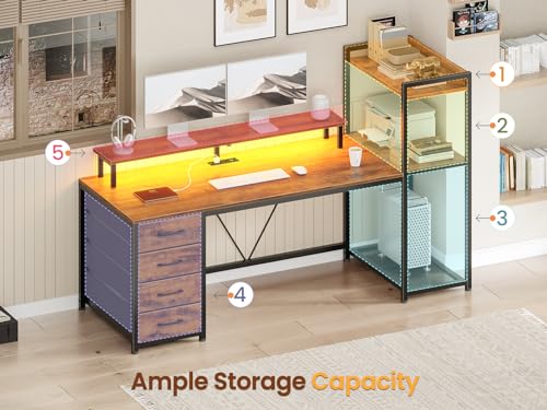 59 Gaming Computer Desk with LED Lights, Power Outlets, Storage, Rustic Brown