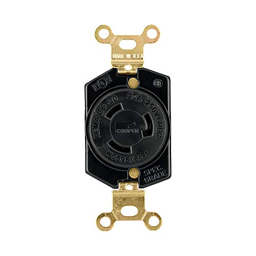 EATON L620R Hard Cw Ground Lock Single Electrical Receptacle, 250 Vac, 20 A, 2 Pole, 3 Wire, Black and White