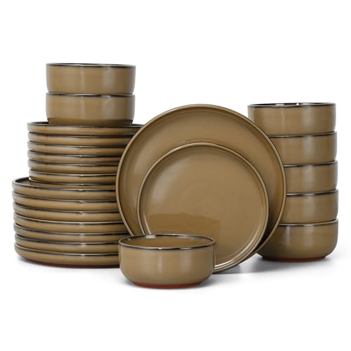 E-far Stoneware Dinnerware Sets for 8, 24 Pieces Reactive Glaze Plates and Bowls Sets, Elegant Dishes with Rustic Terracotta Clay Base, Dishwasher & Microwave Safe, Scratch Resistant, Desert