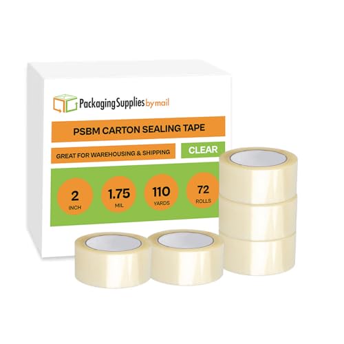 PSBM Packing Tape, 2 Inch x 110 Yards, 72 Pack, Clear, 1.75 Mil, Packaging Tape for Dispenser Refill, Moving, Storage, Shipping