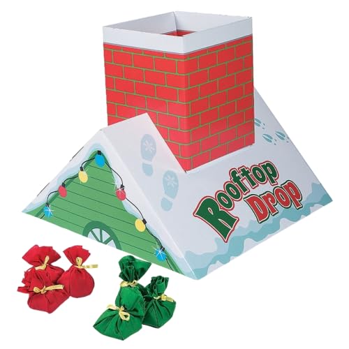 Fun Express Christmas Bean Bag Toss Game for Kids - Holiday Rooftop Chimney Drop Party Game Set with 6 Present Bags | Fun Activities for Family Games, Parties & Winter Entertainment