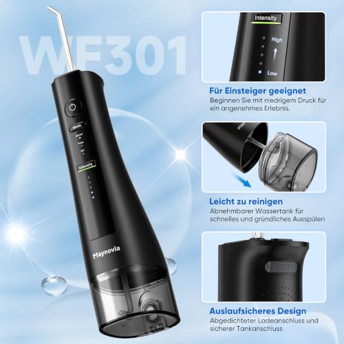 Image of Cordless Water Flosser for Teeth, U-Shaped Tip, 350ml Tank, Black | Plastic body, two-sided tooth cleaning, 3 modes, 40-150 PSI DIY pressure, IPX7-rated, USB-C, 8 tips, adults, braces, travel