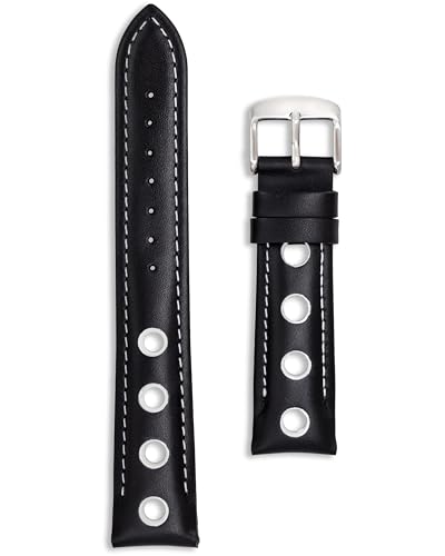 Correa de reloj deportiva de cuero Rally | Negro con agujeros naranjas, rojos, amarillos y blancos | 20 mm, 22 mm, 24 mm | Correa de carreras perforada con hebilla plateada de repuesto para hombres y