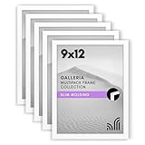 Americanflat 9x12 Picture Frame with Polished Plexiglass - Set of 5 - Use as 6x8 Frame with Mat or Display 9x12 Photo Without Mat - Galleria Collection - Picture Frames for Wall Display - White