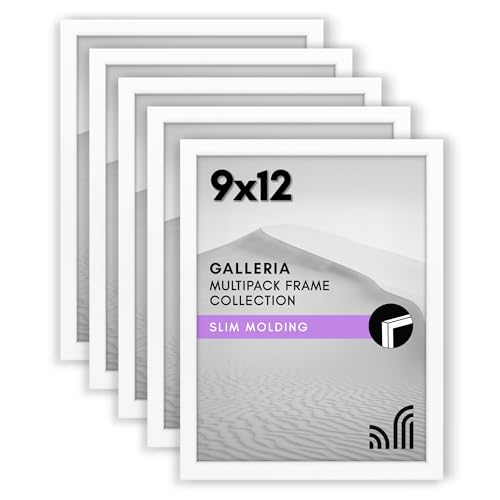 Americanflat 9x12 Picture Frame with Polished Plexiglass - Set of 5 - Use as 6x8 Frame with Mat or Display 9x12 Photo Without Mat - Galleria Collection - Picture Frames for Wall Display - White