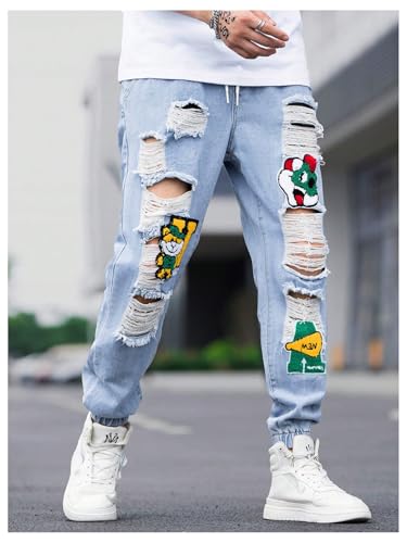 Men's Ripped Drawstring Waist Jeans Graphic Patched Distressed Denim Pants2